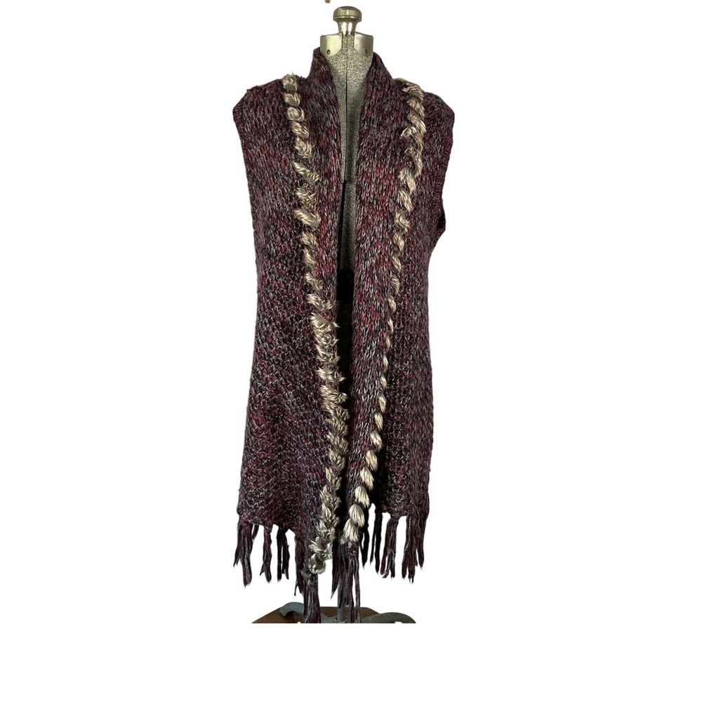 Entro Womens Burgundy Grey Marl Chunky Knit Open Front Vest Faux Fur Fringe M